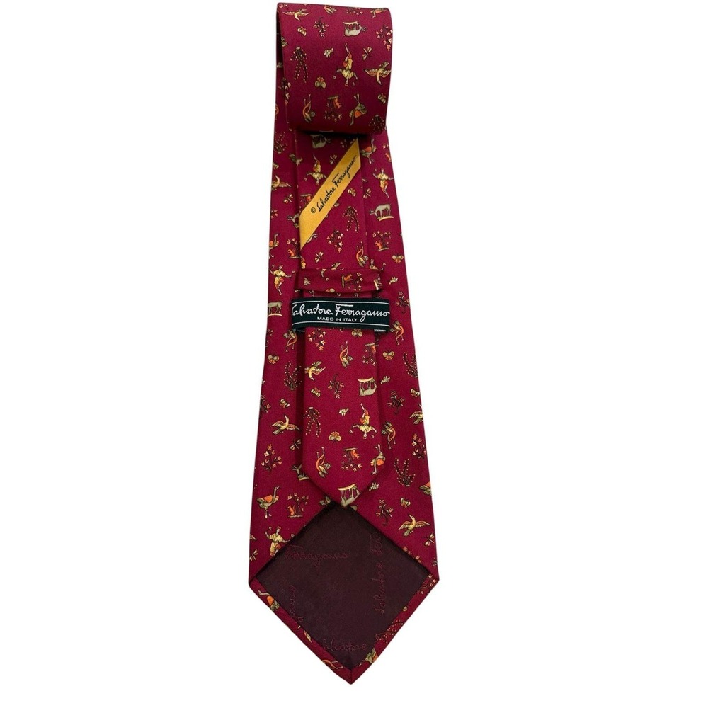 Salvatore Ferragamo Mens Burgundy Silk Tie Animal Figure‎ Whimsical Print Italy